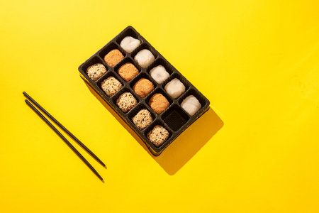 Japanese dessert packaged set on a yellow background. Japanese ice cream Mochi in rice dough