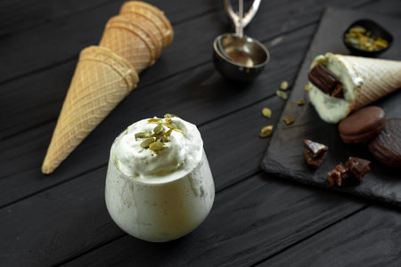 Homemade pistachio ice cream on a dark background. Ingredients for making ice cream on a wooden...
