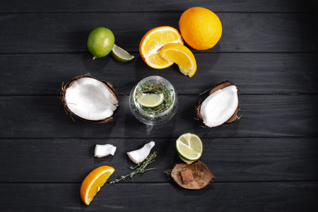 hard seltzer with different ingredients on a black wooden background top view