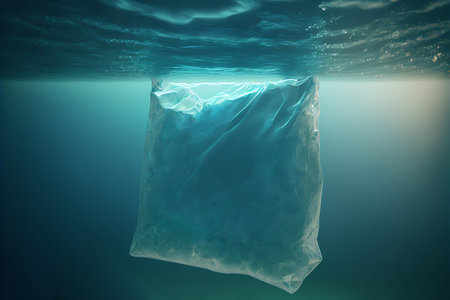 The concept of pollution in the ocean. The concept of fighting for a clean ocean. a plastic bag floating in the ocean AI Generationの素材