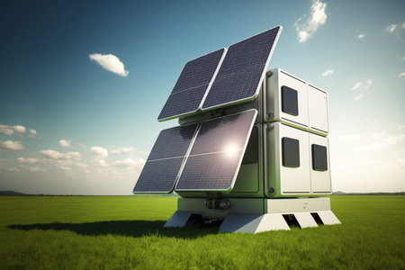 Solar panels under a blue sky at sunset. Power Plant. The concept of clean energy and ecoenergy.