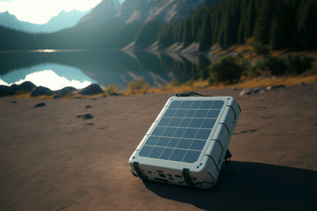 A portable solar panel against the backdrop of nature. Compact charging station AI generationの素材