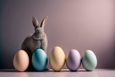 The Easter Bunny sits next to the Easter Eggs AI generationの素材
