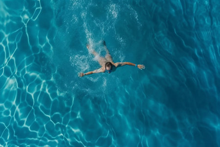 A man swimming in a blue pool water is clearの素材