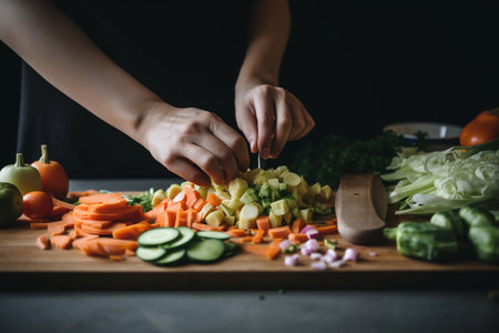 A person chopping vegetables on a cutting boardの素材