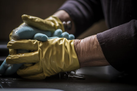 A person wearing a yellow glove is holding a blue sponge to a person's hand.の素材