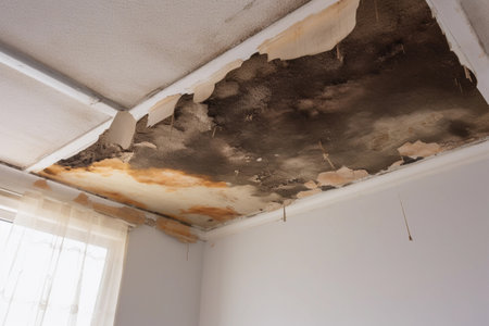 A ceiling with a damaged area of a home with a white ceiling and a black roof.の素材