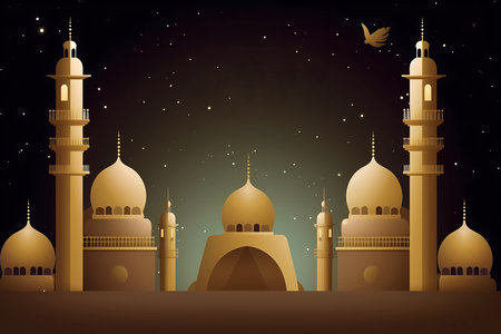 A Jumma mubarak cartoon image of a mosque with a bird flying in the background.の素材