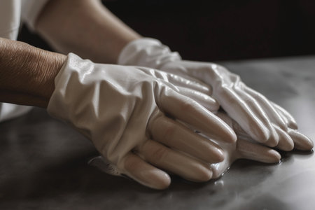 A person wearing white gloves is touching their hands.の素材