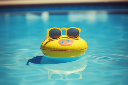 A yellow rubber duck floating in a pool with sunglassesの素材
