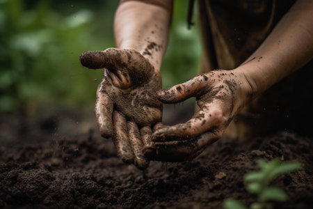 A person is holding their hands in the soil with the word compost on the bottom right.の素材