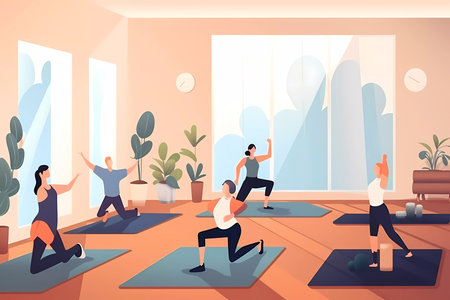 A yoga class with a clock on the wall behind itの素材
