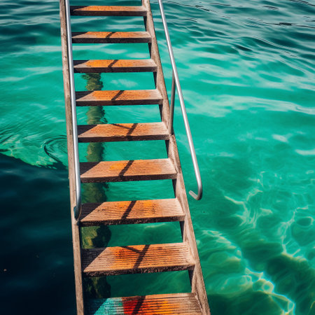 A ladder is going down to the water and the water is clear and blue.の素材