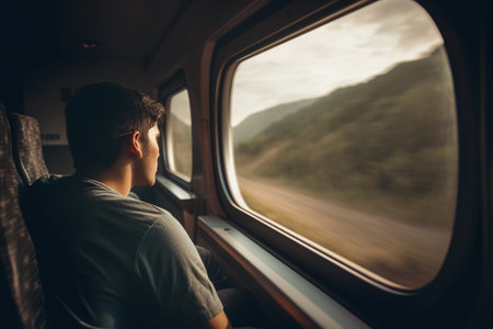 A man sits in a train looking out the window.の素材