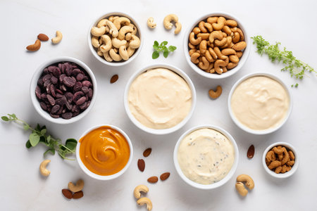 A variety of different flavors of peanut butter are on a white background.の素材