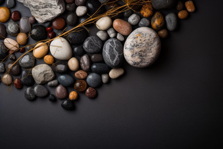 A collection of rocks and twigs are arranged on a black background.の素材