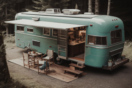 A camper van parked on a beach next to a lake.の素材