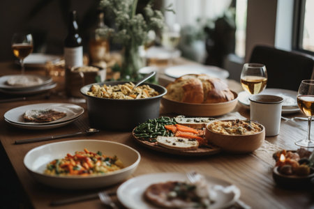 A table full of food including a bottle of wine and a bottle of wine.の素材