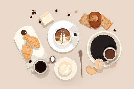 A table with a cup of coffee and croissants on itの素材