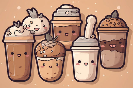 A cartoon illustration of various iced coffee cups with different flavors.の素材