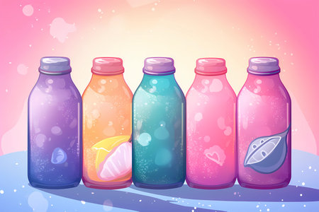 A line of bottles of different flavors of fruit juice.の素材
