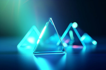 A blue triangle is lit up with the word light on it.の素材
