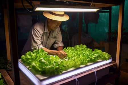 A man in a straw hat is working in a lettuce farm.の素材