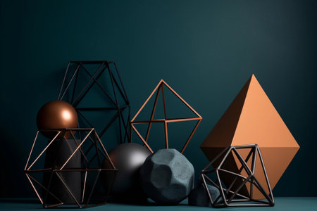 A collection of geometric shapes sit on a blue background.の素材