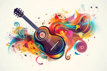 World Music Day A colorful guitar with a white background and multicolored paintの素材