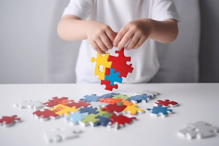 A child is putting a piece of puzzle on a table Autistic Pride Dayの素材