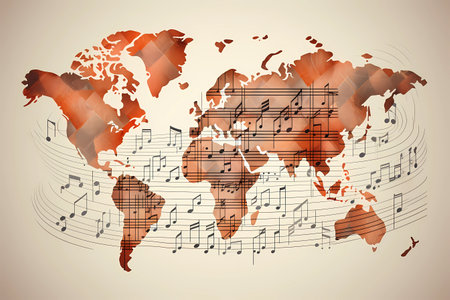 A map of the world with music notes on it.の素材