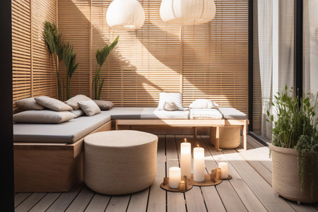 A balcony with a sofa and a table with a lamp on it.の素材