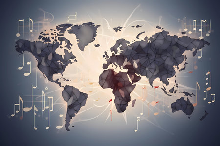 A map of the world with musical notes on itの素材