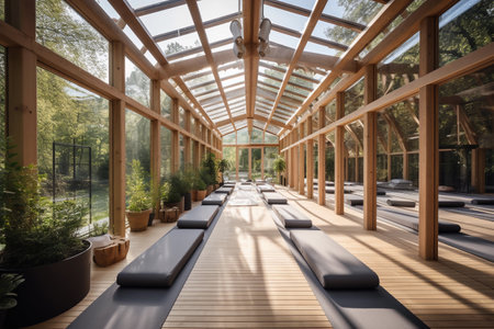 A room with a glass roof and a wooden structure with a glass roof.の素材