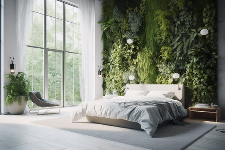 A bedroom with a wall of plants on it and a bed with a white bedの素材