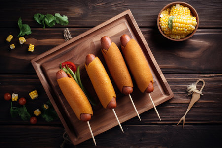 Hot dogs on a wooden tray with corn on the cobの素材