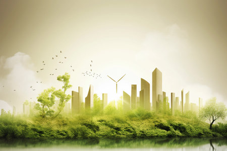 A green city with a city in the backgroundの素材