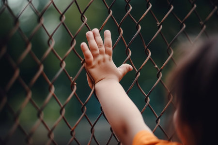 A child reaches out to a fence with his hand reaching out to touch the fence World Refugee Dayの素材