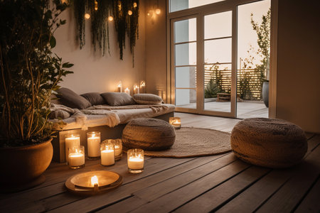 A living room with a large window and a large glass doorの素材