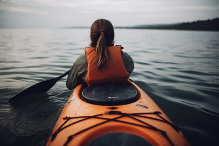 A woman in a life jacket is sitting in a kayak.の素材