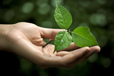Hands holding a small tree with green leaves in the middleの素材