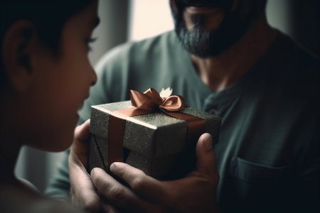 Fathers Day A man giving a gift to a boyの素材