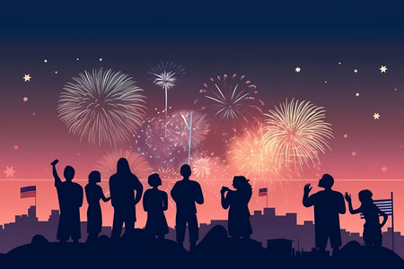 People watching fireworks over a city with a blue backgroundの素材