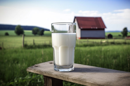 A glass of milk on a table with a field in the background.の素材