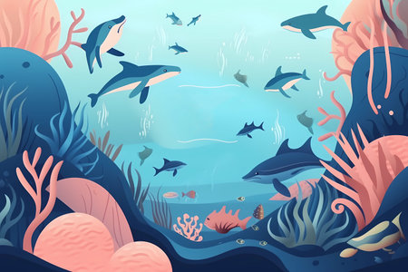 An illustration of a blue ocean with a shark and fish.の素材