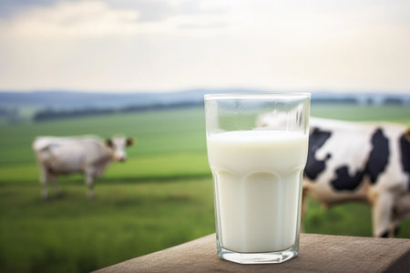 A glass of milk on a table with cows in the backgroundの素材