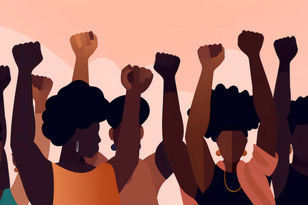 A group of people raising their hands in the airの素材