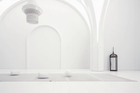 A white room with a light hanging from a ceiling and a lamp hanging from the ceilingの素材