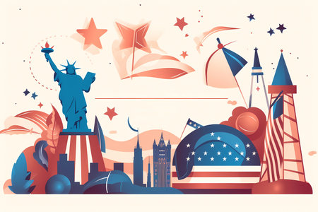 A colorful illustration of the american flag and the statue of liberty.の素材