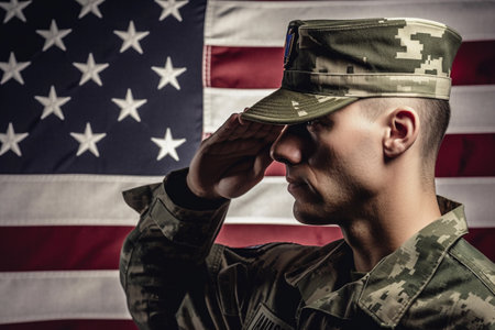 Soldier saluting in front of a flag USAの素材